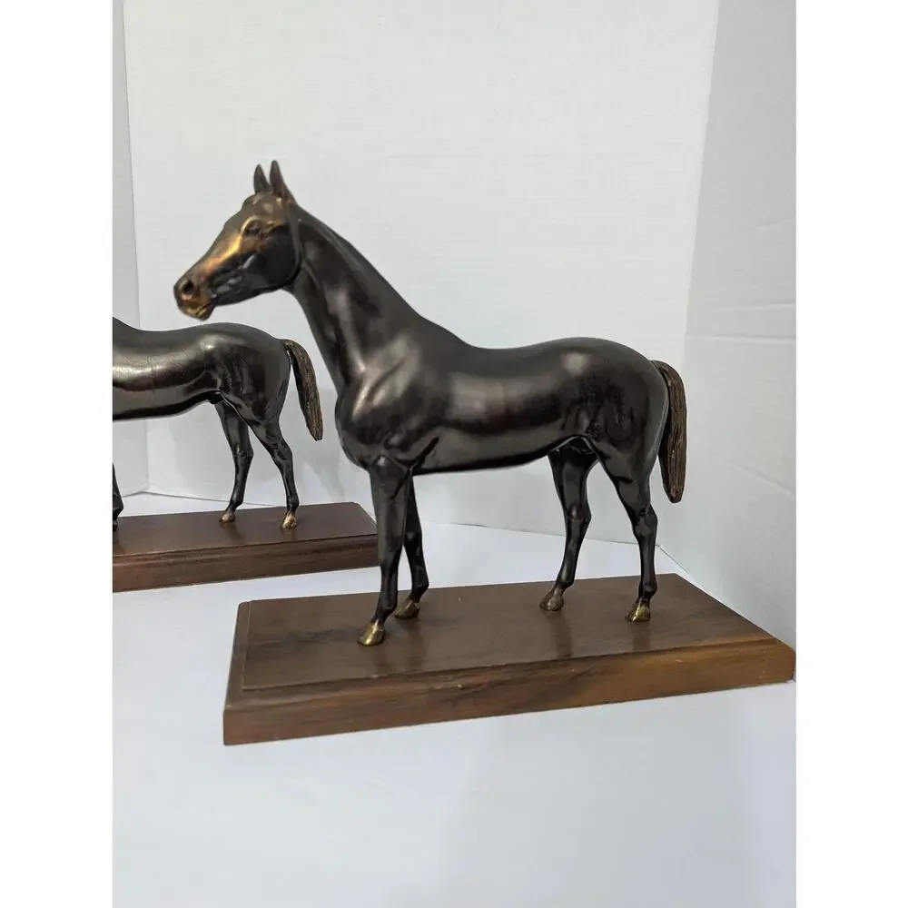 Pair Vintage Metal Horse Bookends Wood Base Equestrian Decor